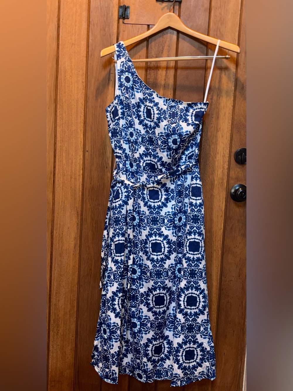 Talbots Blue and White One-Shoulder Floral Tile Dress